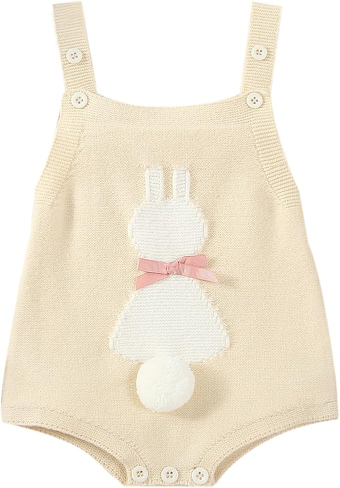 Mandizy Easter Outfit Baby Girl Sleeveless Knit Romper Cute Bunny Jumpsuit Infant Spring Bodysuit... | Amazon (US)