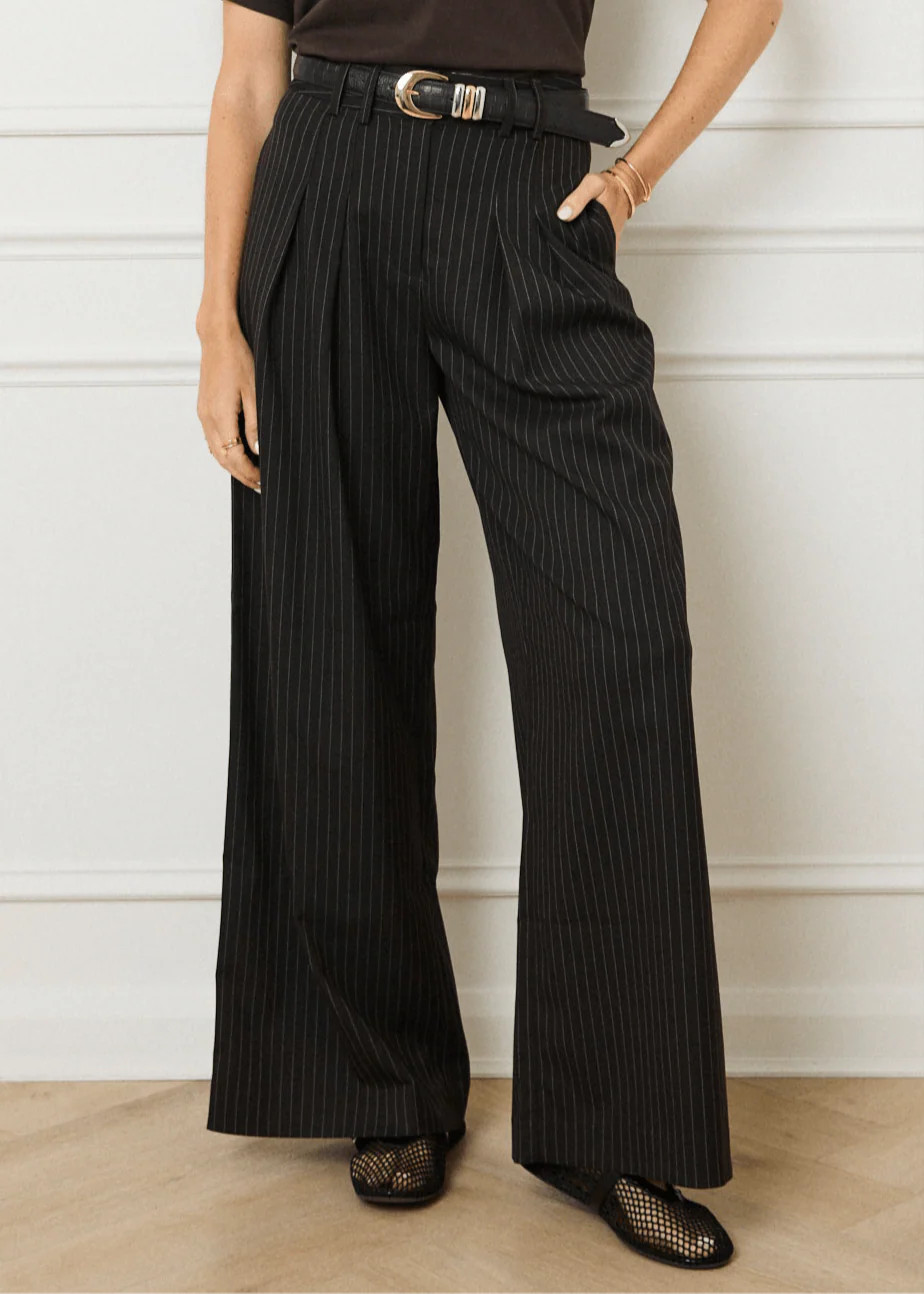 PINSTRIPE TAILORED WIDE LEG TROUSERS - BROWN | WAT The Brand