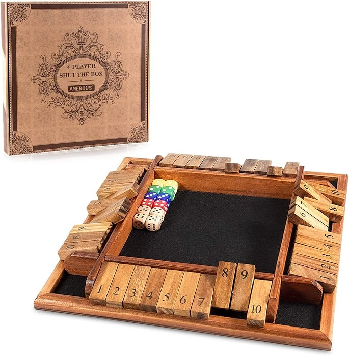 AMEROUS 1-4 Players Shut The Box Dice Game, Wooden Board Table Math Game with 12 Dice and Shut-Th... | Amazon (US)