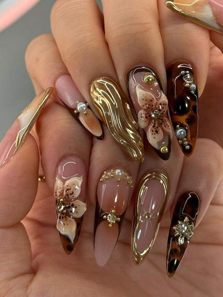 24pcs/Set Almond Shape Diamond & Leopard & Flower Print Press On Nails For Ladies, With Nail File & Gel | SHEIN