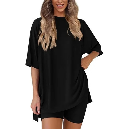 PRETTYGARDEN Women's Two Piece Lounge Set Summer Casual Oversized Shirts Biker Shorts Matching Airport Travel Outfit | Walmart (US)