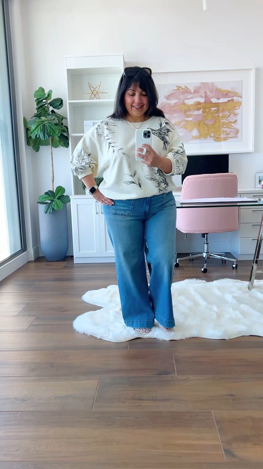 Love this short sleeve sweatshirt. So cute and comfy and great for fall and winter in warm weather places. Wearing top in size large. These Colette full length jeans are so unbelievably soft, comfy and stretchy. Wearing size 32 Petite. Amazon jelly shoes. 