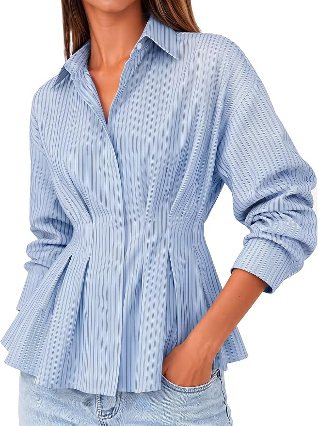 Cicy Bell Women Striped Peplum Button Shirts Business Casual Pleated Blouse | Cinched Waist Tops,... | Amazon (US)