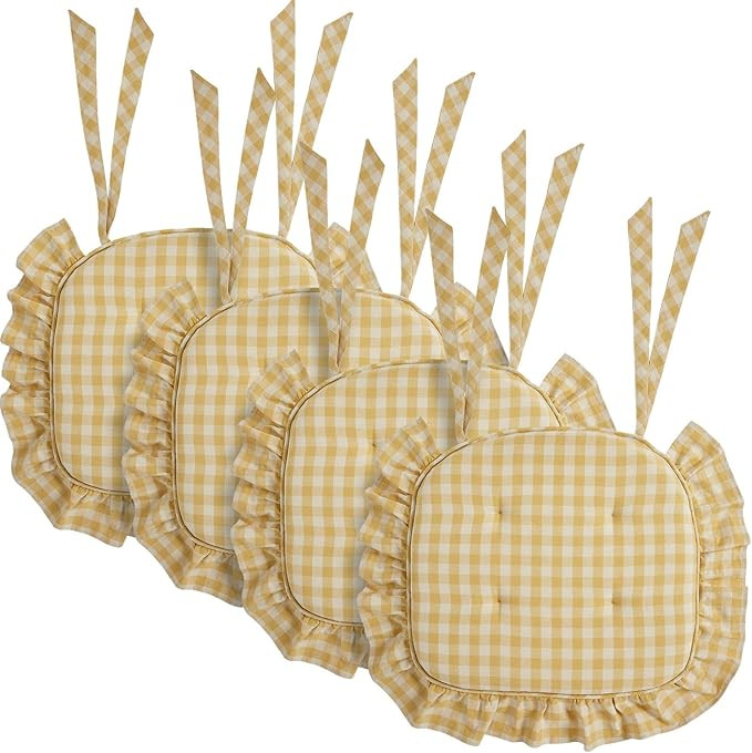 VHC Brands Buzzy Bees Primitive 16.5"x18" Chair Pad Yellow Tucked Cotton Check Tie Back(s) Rectan... | Amazon (US)