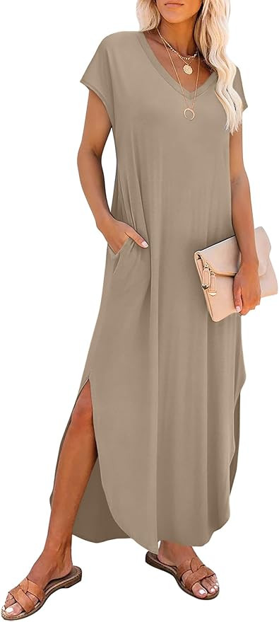 RUMIA Summer Casual Maxi Dresses for Women- Women's V Neck Cap Sleeve Long Sundress with Pockets ... | Amazon (US)