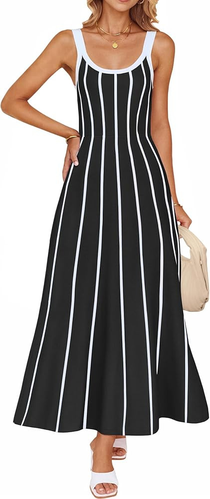 ZESICA Wome's Summer Sleeveless Striped Midi Dress 2025 Knit Casual Elegant A Line Swing Long Dre... | Amazon (US)