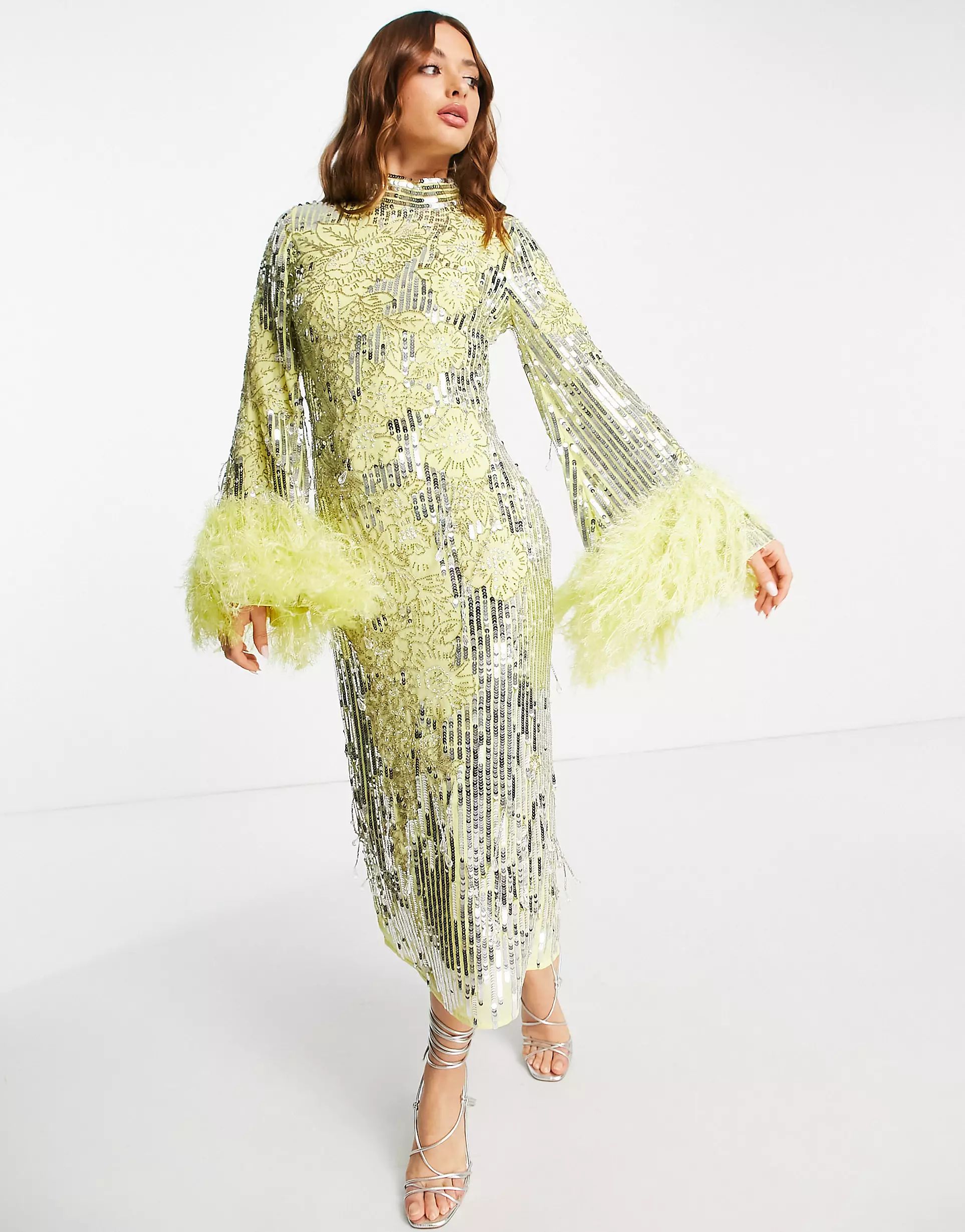 ASOS EDITION floral sequin and bead midi dress with feather cuff in lemon | ASOS (Global)