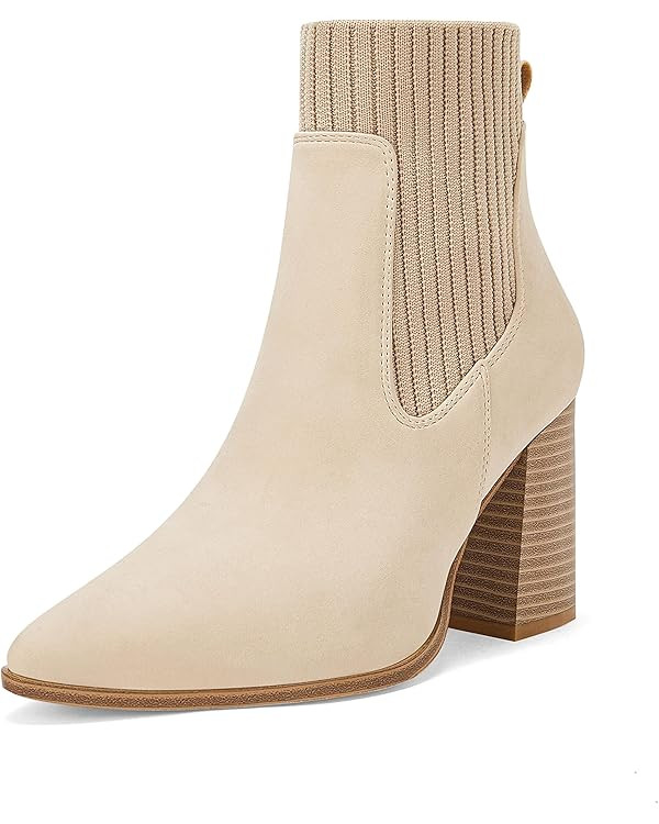 Coutgo Women Ankle Boots Sock Booties Pointed Toe Chunky Stacked High Heel Knit Chelsea Winter Dr... | Amazon (US)