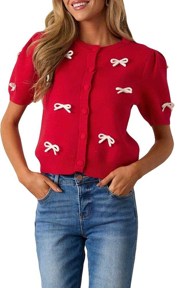 Kedera Women's Casual Short Knit Bow Sweater Crew Neck Puff Sleeve Shirts Sweater Loose Blouses T... | Amazon (US)