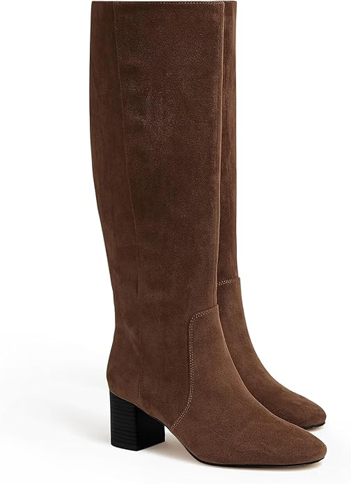 Coutgo Womens Chunky Heel Knee High Boots Suede Round Toe Fall Winter Tall Boots with Side Zipper | Amazon (US)