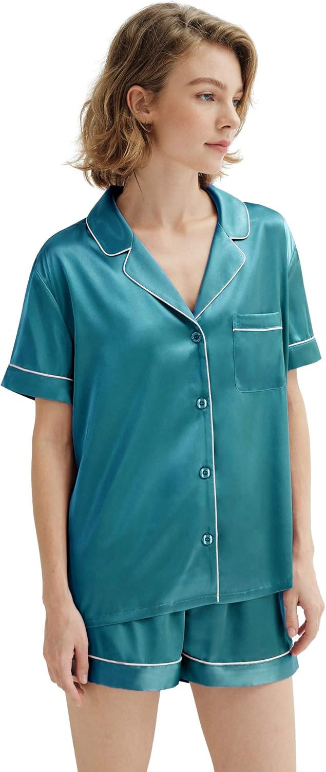SIORO Women Pajamas Sets Satin Short Sleeve Silk Pajamas for Women, Button Down Sleepwear Soft Pj... | Amazon (US)