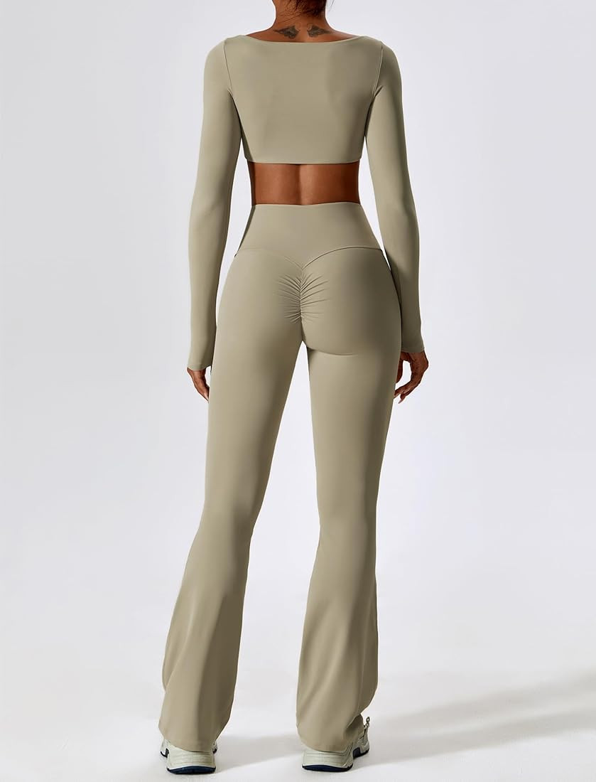 ABOCIW Workout Sets for Women 2 Piece Twist Front Long Sleeve Crop Tops High Waist Flared Leggings Gym Sets | Amazon (US)