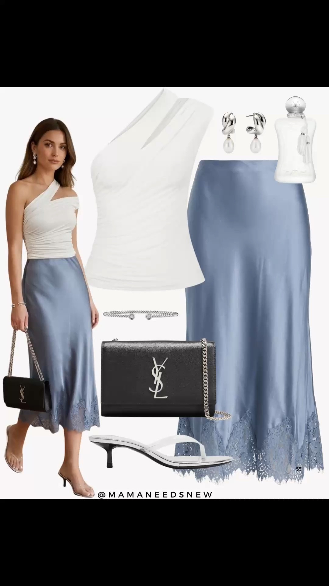 A spring to summer outfit with a one shoulder top, satin lace trim midi skirt, shoulder bag and thong heels 💙

#LTKootd #LTKSeasonal #LTKSaleAlert