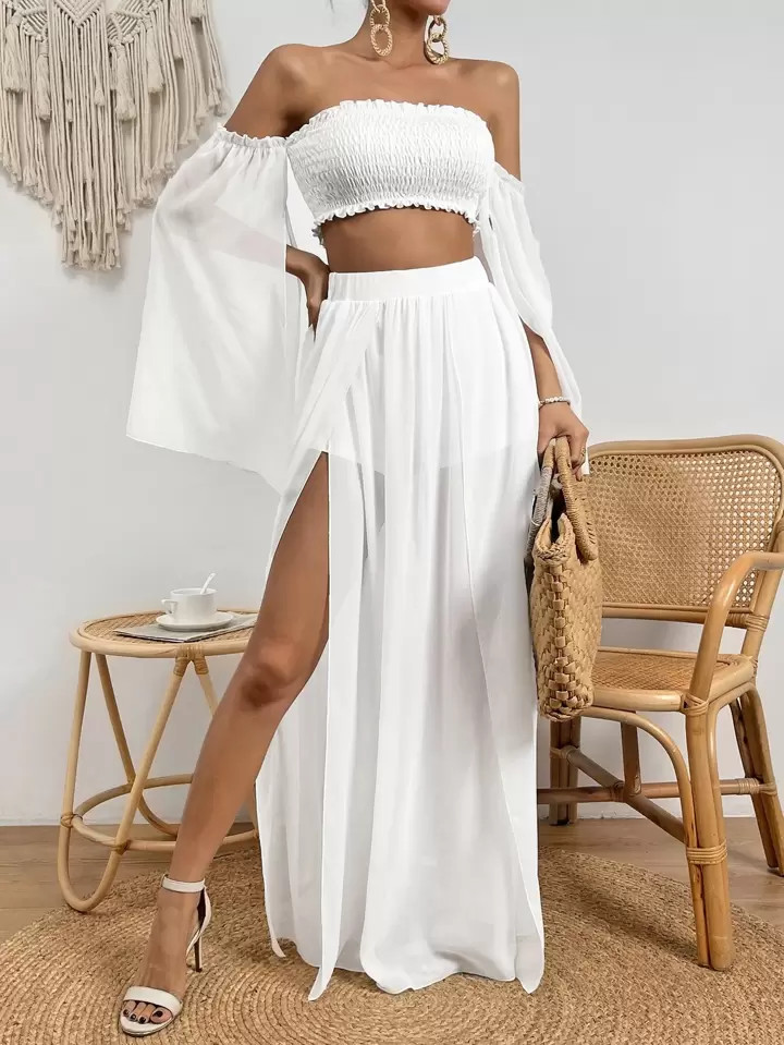 Breezaya Contrast Mesh Off Shoulder Crop Top & Split Thigh Skirt | SHEIN