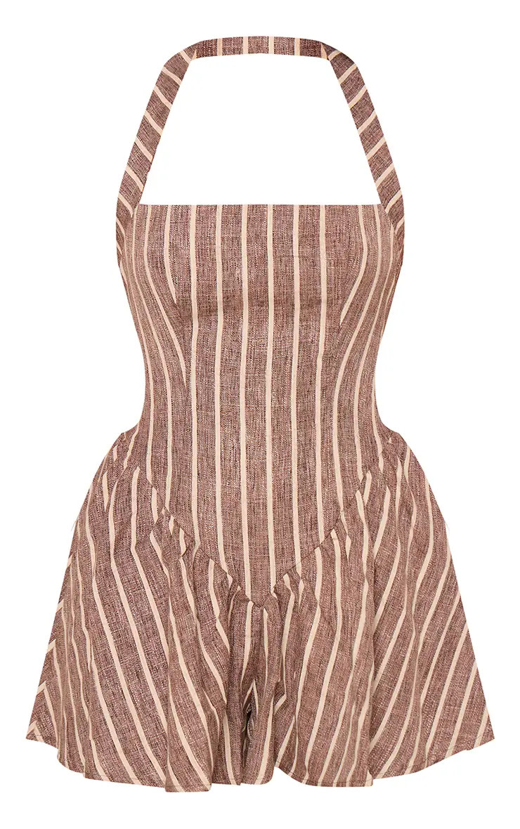 Chocolate Pinstripe Linen Halter Neck Floaty Playsuit | PrettyLittleThing USA | PrettyLittleThing US