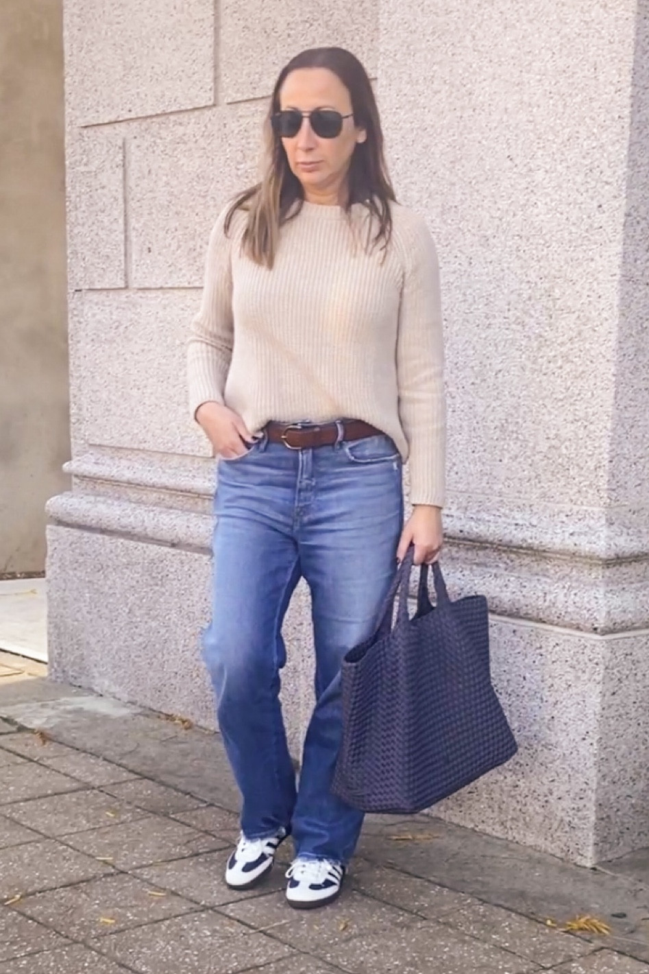 Fall outfit idea. Love these new adidas sambas!  Fisherman sweater for $50. Wide leg jeans. Naghedi tote. Easy fall look. Casual look. 

**I'm wearing the sweater in size Snall. Size up for a more relaxed look. Shoes are TTS  

#LTKSeasonal #LTKFindsUnder50 #LTKFindsUnder100