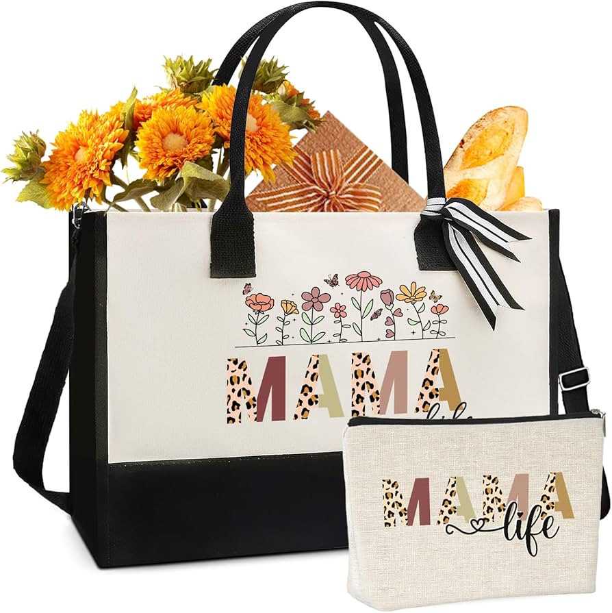 Mama Canvas Tote Bag - 2pcs Appreciation Gifts for Mom Women Floral Totes with Portable Makeup Ba... | Amazon (US)