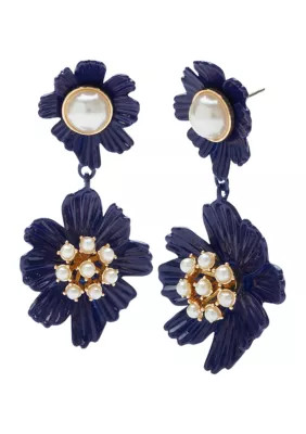 Gold Tone Navy Flower Drop Earrings | Belk