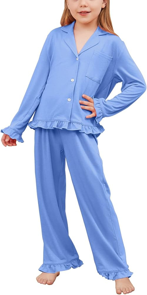 QPANCY Girls Pajamas Sets Ruffle Long Sleeve Button Down Sleepwear Loungewear kids 2 Piece Pjs Se... | Amazon (US)