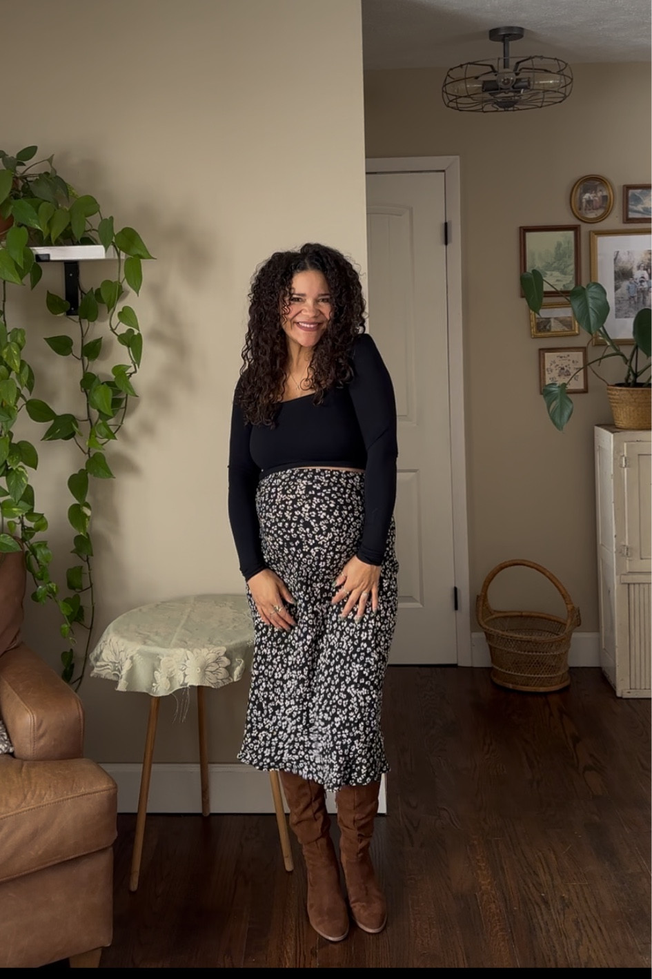 I love outfits that work for all seasons of life as a woman 🖤✨ I wore this skirt lots before becoming pregnant & it still fits with more room to stretch at 25w pregnant 🌿 it’s meant to be a maxi skirt but this belly makes it more of a midi 

#LTKBump #LTKFindsUnder100 #LTKFindsUnder50