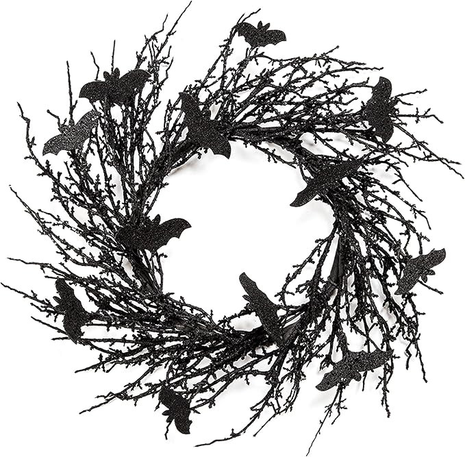 18 Inch Black Halloween Wreath Bat Wreath Door Wreath with Glitter Bats Decorations Halloween Par... | Amazon (US)