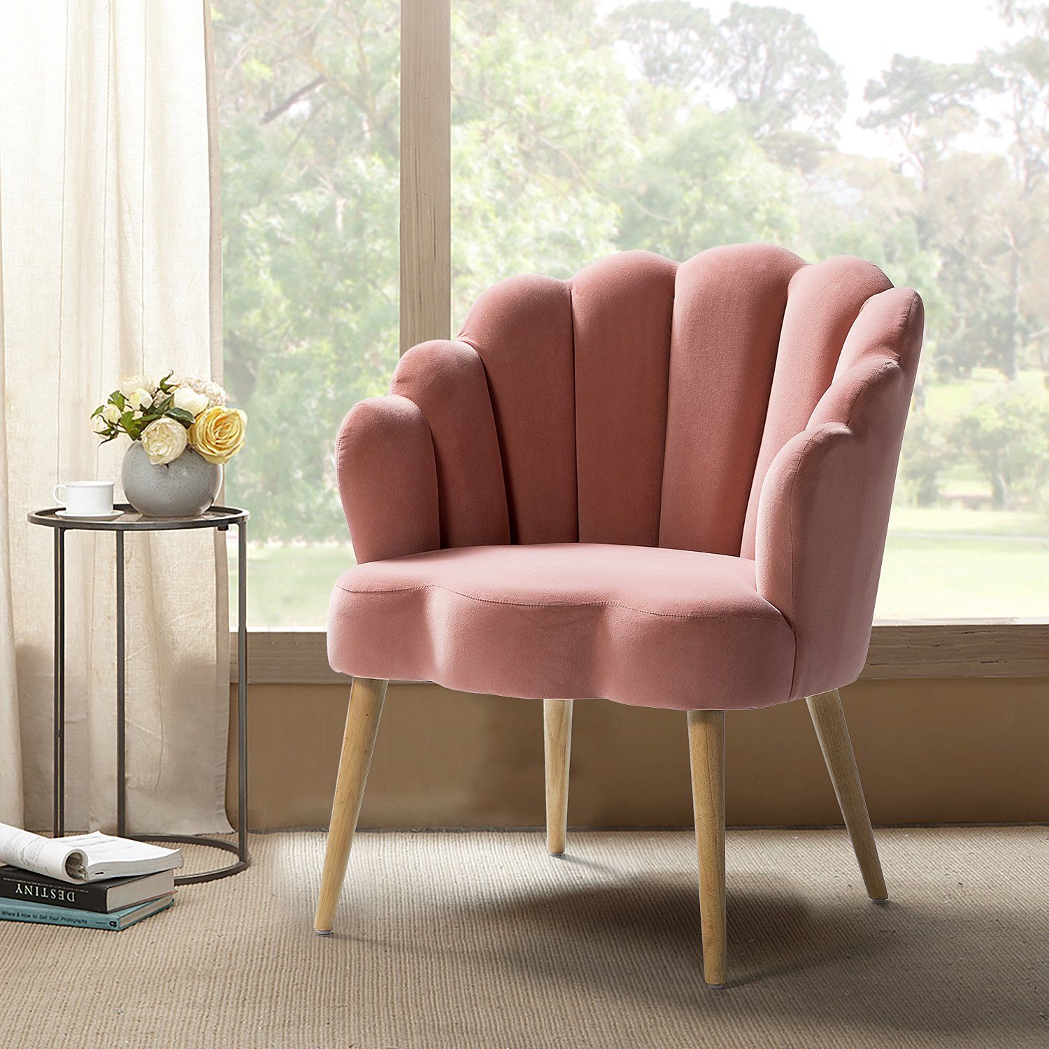 Flora Scalloped Velvet Arm Chair with Tufted Back in Pink - Walmart.com | Walmart (US)