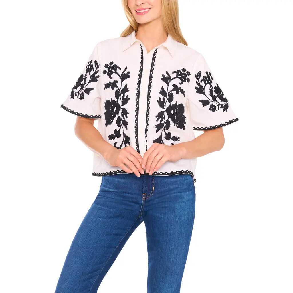 CeCe Embroidered Relaxed Fit Cotton Button-Up Shirt in Eggnog at Nordstrom, Size Large | Nordstrom