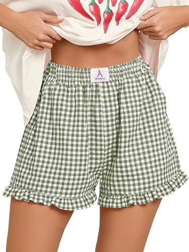 ANRABESS Boxer Shorts for Women,Gingham Plaid Elastic Waist Ruffle,Perfect for Lounge,Pajama&Slee... | Amazon (US)