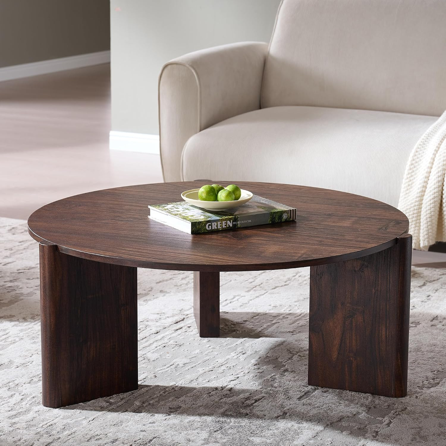 33.5" Wood Round Coffee Table, Small Modern Circle Coffee Table, Brown | Amazon (US)