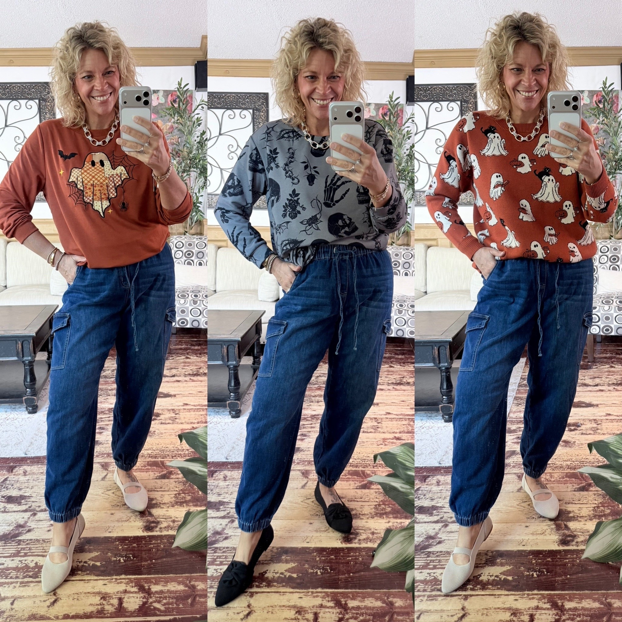 Halloween sweaters/long sleeved tees- size 10 in each and size 12 in the cargo jeans 
Shoes true to size

#LTKSeasonal #LTKOver40 #LTKMidsize