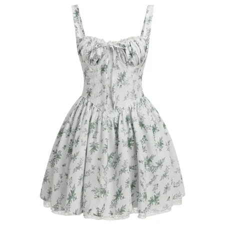 IBTOM CASTLE Women s Casual Corset Mini Dress Spaghetti Straps Backless Lace up Low Cut Ruffle Short Sundress S White + Green Leaves | Walmart (US)