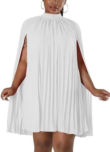 Women’s Casual Cape Sleeve Pleated Split Short Dress Loose Fit Cocktail Party Flowy Dress | Amazon (US)