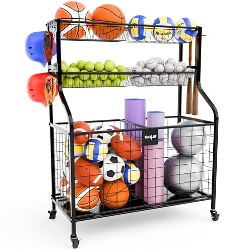 YES4ALL Sports Equipment Garage Organizer, Garage Ball Storage, Ball Cart, Ball Rack, Garage Organizer for Garage with Basket and Hooks, Rolling Sports Ball Storage Cart for Indoor/Outdoor Use, Steel | Amazon (US)