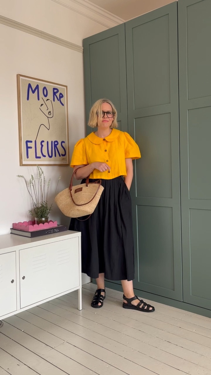 Yellow Linen Cropped Blouse Trouva, Black Midi Cotton Skirt, Straw Basket Bag, Fisher Man Cage Sandal 

#LTKeurope #LTKstyletip #LTKSeasonal