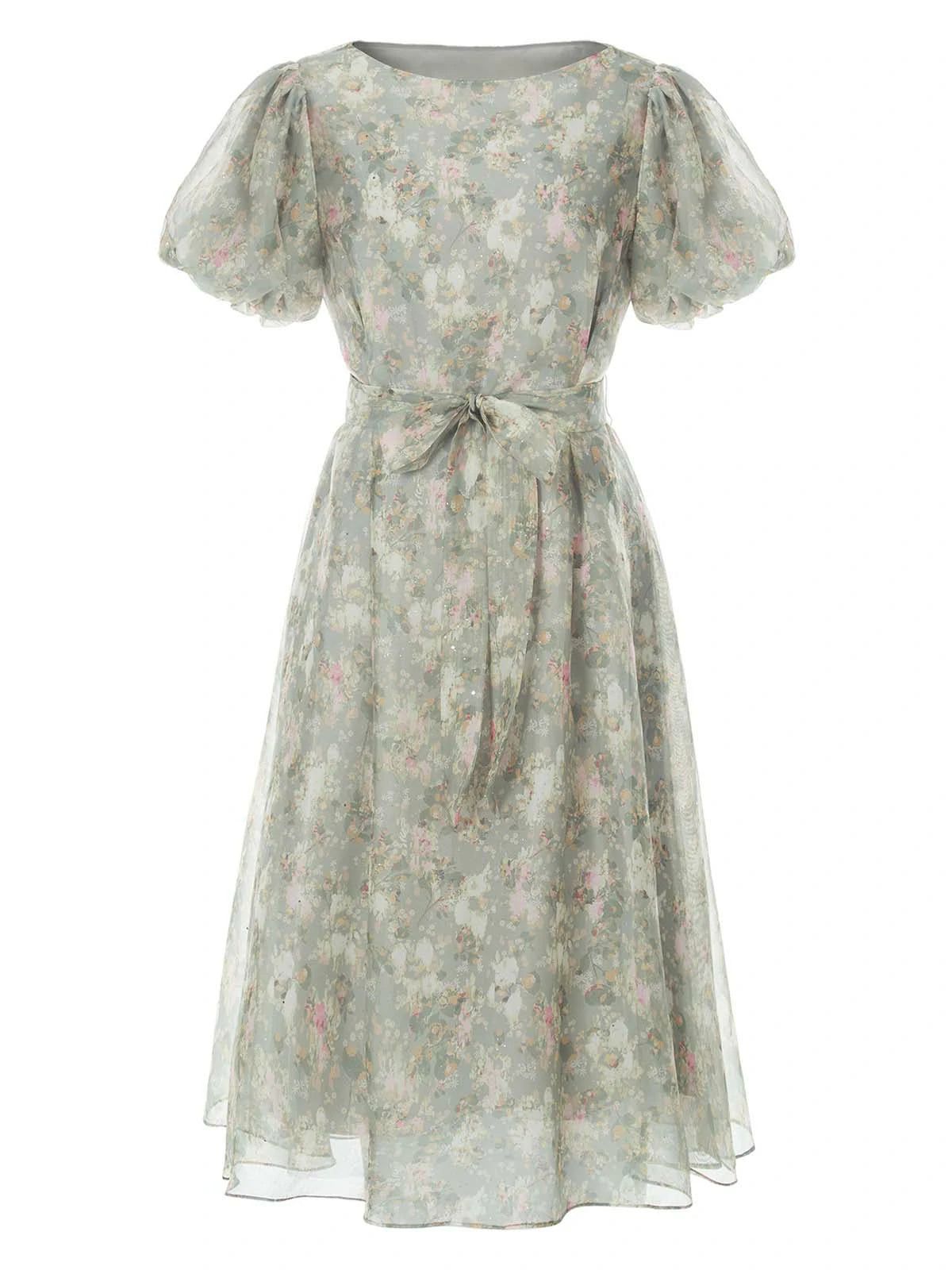 Crewneck Floral A-Line Mesh Dress | SDEER