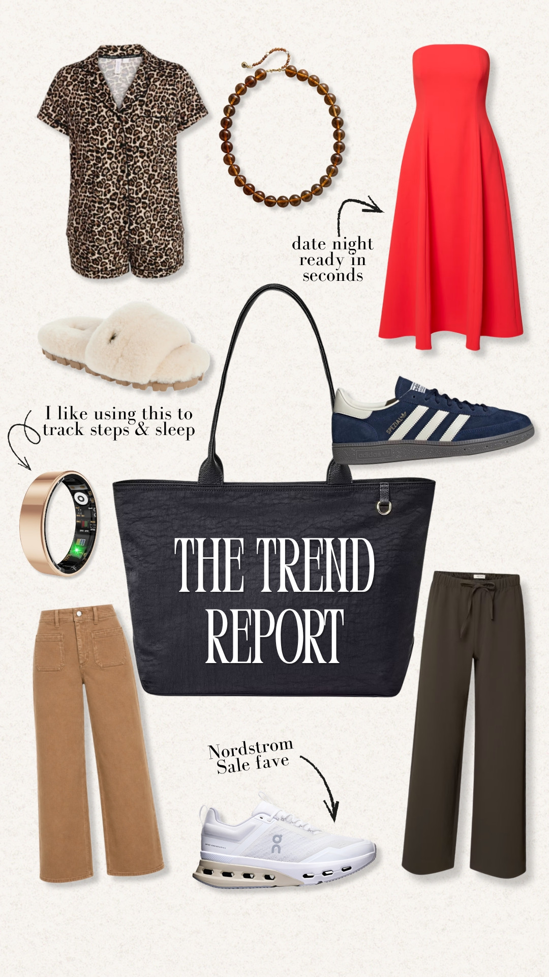 These are the pieces getting the most attention right now, from the leopard lounge romper and soft slippers to the strapless red date night dress, roomy black tote, sneakers, and easy pull on pants. I also included the smart ring I use to track my steps and sleep, plus my favorite Nordstrom Sale running shoes.
trending fashion finds, date night dress, leopard lounge set, smart ring, black tote bag, women's sneakers, pull on pants, wide leg jeans, Nordstrom Sale finds, casual outfit ideas, TheMominStyle

#LTKootd #LTKSeasonal #LTKActive