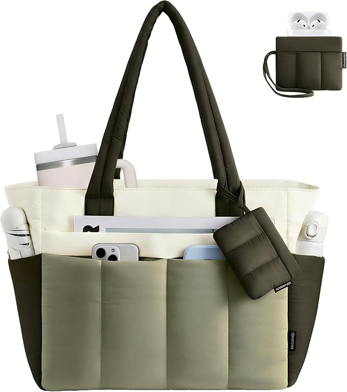 LOVEVOOK Puffer Tote Bag for Women Quilted Work Tote Handbags with Zipper 15.6 inch Teacher Nurse... | Amazon (US)