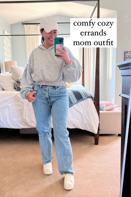 stay at home mom outfit inspiration and ideas. Comfy jeans, cropped grey hoodie, ball cap, platform white sneakers  

#LTKxTarget #LTKsalealert #LTKmidsize