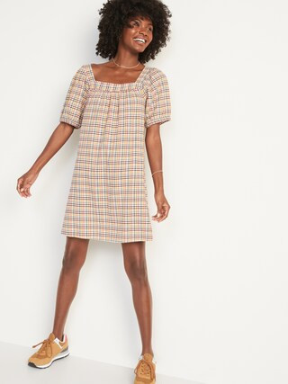 Textured Dobby-Gingham Puff-Sleeve Swing Dress for Women | Old Navy (US)