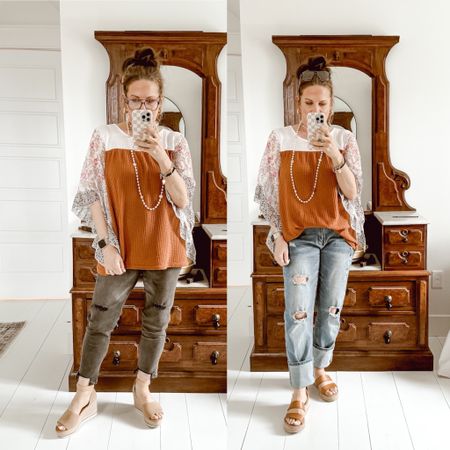 I absolutely love this new boho-inspired shirt for Spring. It is waffle knit with sheer, printed sleeves. It’s so pretty. I paired it with two different jean options for two different looks. #jeans #springoutfit #springshirt #bohostyle #sandals 

#LTKmidsize #LTKfindsunder50