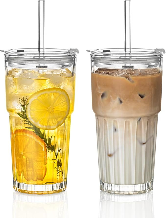 INSETLAN 20oz Clear Glass Cups & Tumbler Set with Lids & Straws – 2-Pack, Reusable Drinking Cup... | Amazon (US)