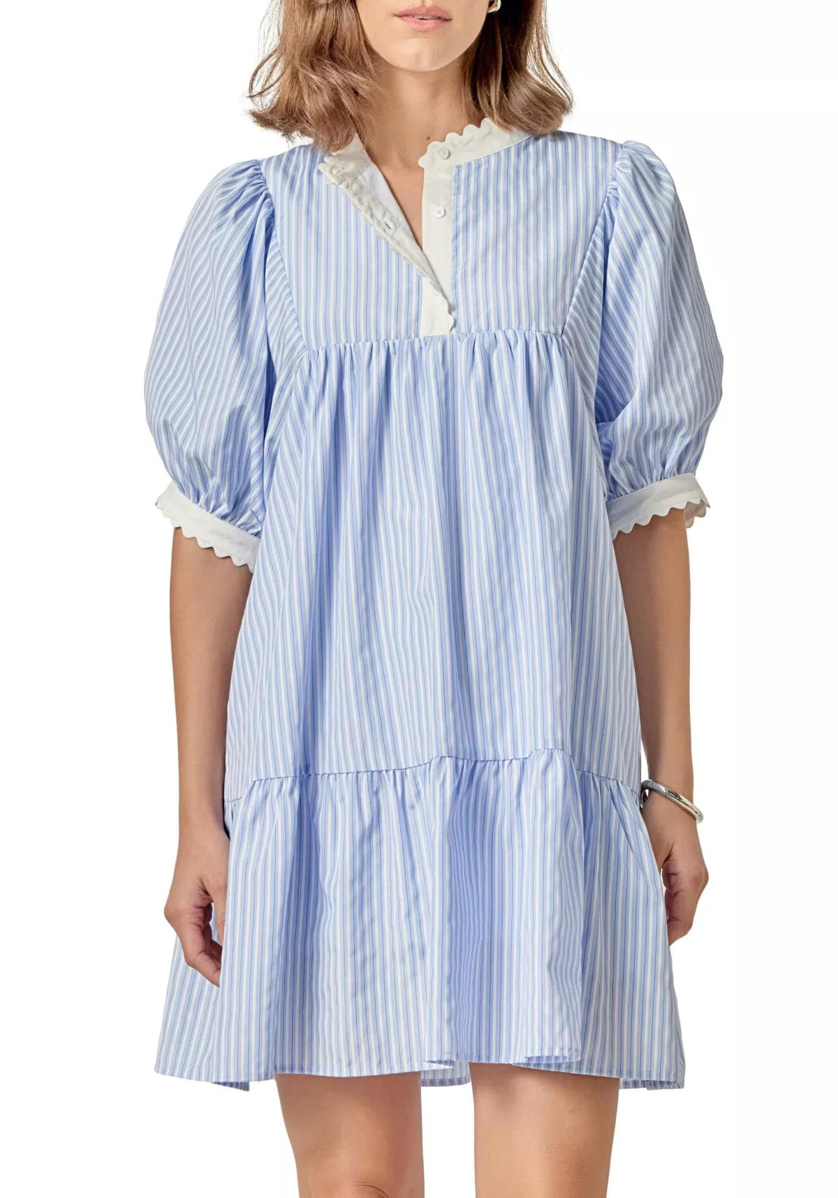 SCALLOP POINTED STRIPE MINI DRESS | Belk