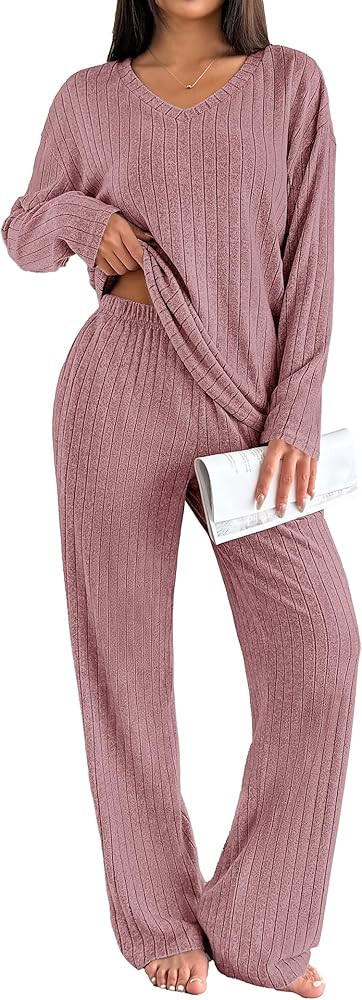 Ekouaer Lounge Sets for Women Long Sleeve Knit Ribbed Pajama Sets 2 Piece Casual Loungewear with ... | Amazon (US)