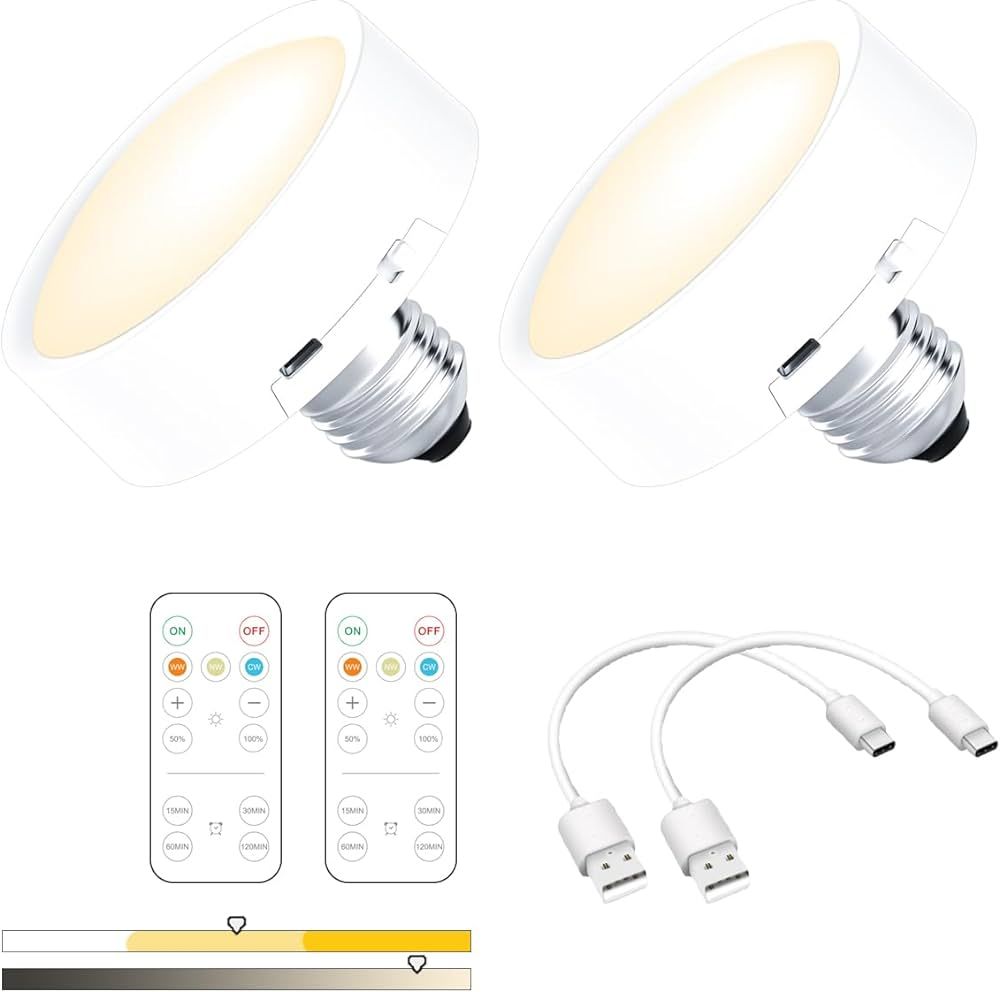 2 Pack Battery Operated Light Bulbs,USB Rechargeable Battery Powered LED Puck Light with Remote Control,E26 Wireless Dimmable Light for Wall Sconces Lamp Non Electric Fixtures Home Emergency Backup | Amazon (US)
