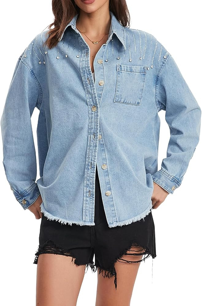 SCOFEEL Women's Rhinestone Denim Shirt Oversized Long Sleeve Button Down Frayed Hem Bling Jean Ja... | Amazon (US)
