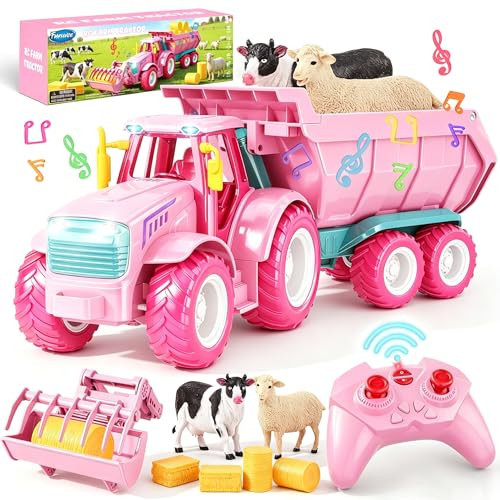 Funwee RC Farm Tractor Toy w/Light & Music, Kids Trailer Toy w/Front Loader & Farm Animal, 2.4GHz RC Tractor Truck Car for Boys & Girls, Toddler Vehicle Playset Age 3-8+ Year Old Gifts (Pink) | Amazon (US)
