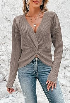 Pink Queen Women's 2025 Casual Pullover Sweaters Sexy V Neck Long Sleeve Twist Knot Cropped Knit ... | Amazon (US)