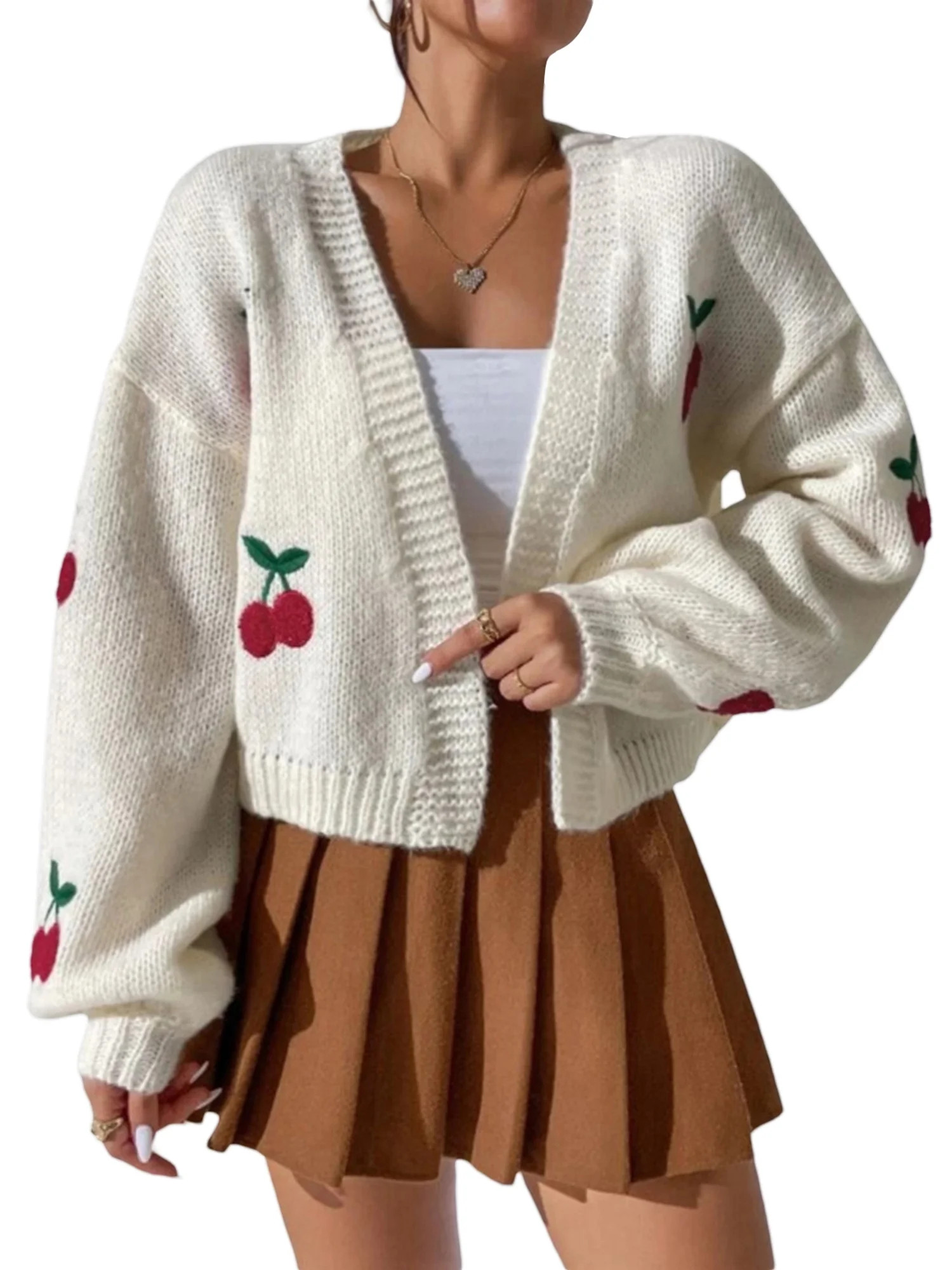 Michellecmm  Women's Open Front Knit Cardigan, Cherry Jacquard Long Sleeve Sweater | Walmart (US)