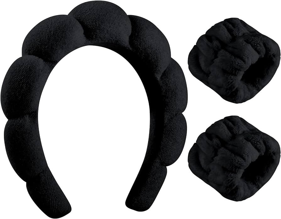 Sponge Spa Headband for Women, Soft Makeup Headband and Wrist Washband Set Black Skincare Headban... | Amazon (US)