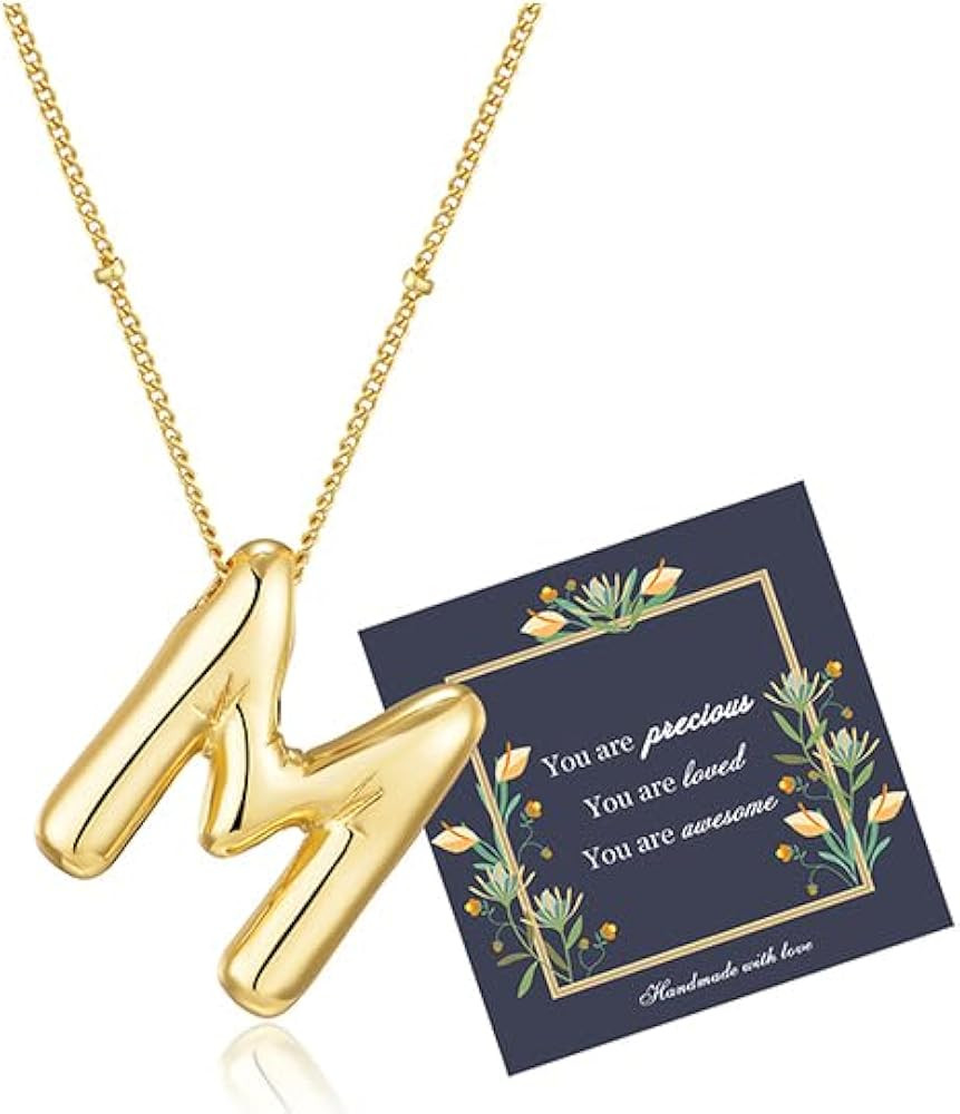 Amazon.com: Pwiuor Bubble Letter Necklace Chunky Gold Balloon M Initial Necklaces for Women Girls... | Amazon (US)